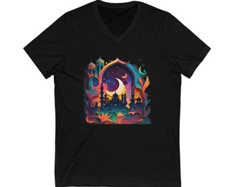 Neon Dreamscape Mosque V-Neck Tee, Islamic Unisex Jersey