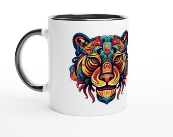Huichol Tiger Coffee Mug, Colorful Ceramic Mug, Festival Gift
