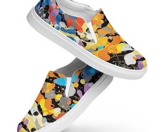 Women’s slip-on canvas shoes, multicolored canvas slipons, colorful slip ons, groovy slip ons, colorful slipons, fun colorful canvas shoes