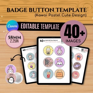 Può includere: Un modello digitale per creare badge da 58 mm (2,25 pollici). Il modello presenta uno schema di colori pastello e illustrazioni kawaii carine. Il modello include oltre 40 immagini ed è modificabile in Canva.
