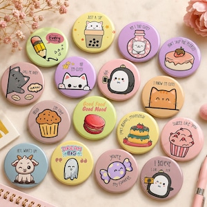 Editable 40+ Kawaii Cute Button Pin Template : Motivational Word Affirmation Pinback Button Template (58mm, 2.25") (Digital Download)