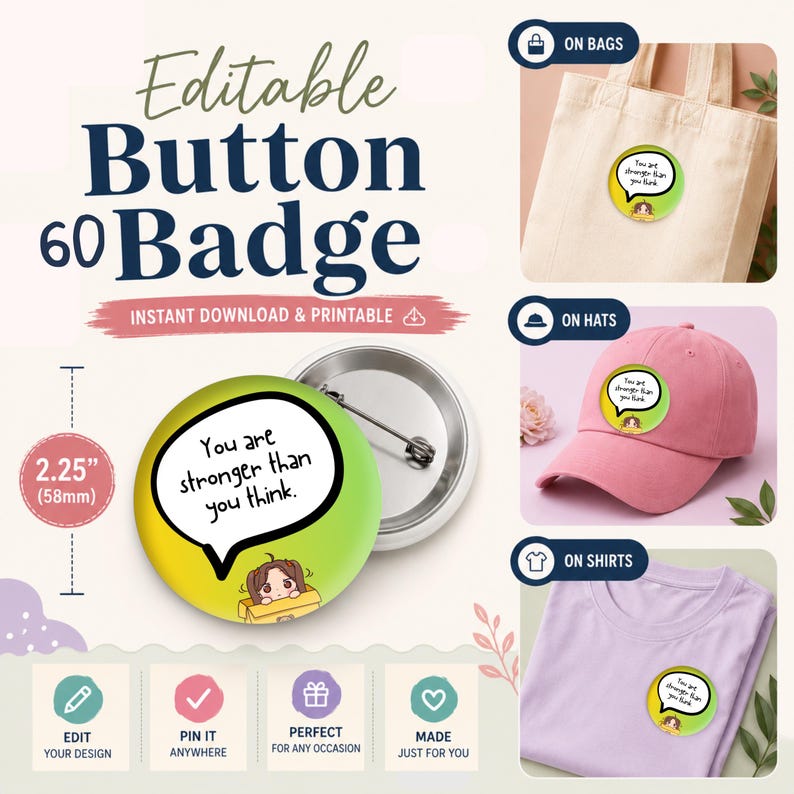 Editable 60+ Anxiety Mental Health Inspirational Quote Button Badge ...