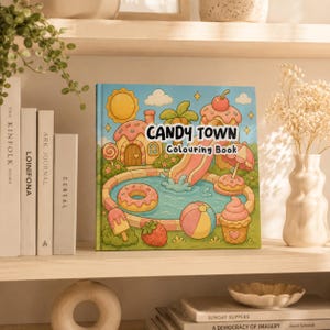 May include: A "Candy Town Colouring Book" is displayed on a shelf. The cover features a whimsical illustration of a candy-themed town with a pool, slide, and various sweets. The book is surrounded by decorative items.