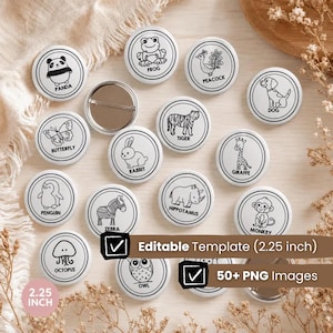 Editable 50+ Children DIY Animal Coloring Button : Pin Badge Button Doodle Animal Pins Canva Template (58mm, 2.25 inch) (Digital Download)