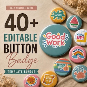 Plus de 40 boutons d'inspiration kawaii mignons et douillets modifiables, badges pour épingles, modèle sur toile d'épingles pour affirmations de mots (58 mm, 2,25 po.) (téléchargement instantané)