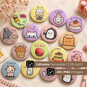 Editable 40+ Kawaii Cute Button Pin Template : Motivational Word Affirmation Pinback Button Template (58mm, 2.25") (Digital Download)