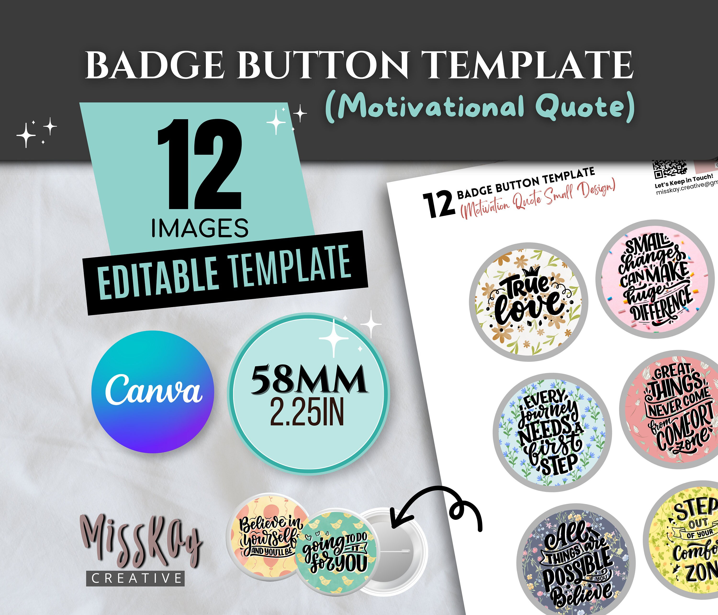 12 Editable Badge Button Pinback Motivational Quote Small Colorful Design  Cute Cartoon Illustration Canva Template 58mm 2.25 Inch Buttons 