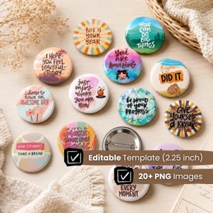 Editable 20+ Fresh Affirmation Quote for Success Button : Pinback Badge Button Motivational Canva Template (58mm, 2.25") (Digital Download)