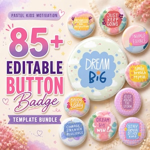 Könnte beinhalten: Eine Sammlung runder Ansteckbuttons in Pastellfarben mit motivierenden Texten wie Dream Big, Progress Not Perfection, Just Keep Going, Inhale Exhale, Smile Breath Repeat, Enjoy Today, Rise Above The Storm und Stay Curious Stay Kind.