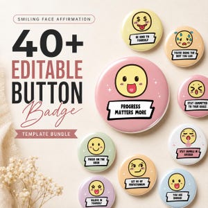 Puede incluir: Una colección de chapas circulares en varios colores pastel con ilustraciones de caras sonrientes y textos motivadores como "Progress Matters More", "Be Kind To Yourself", "You're Doing The Best You Can" y "Believe In Yourself".