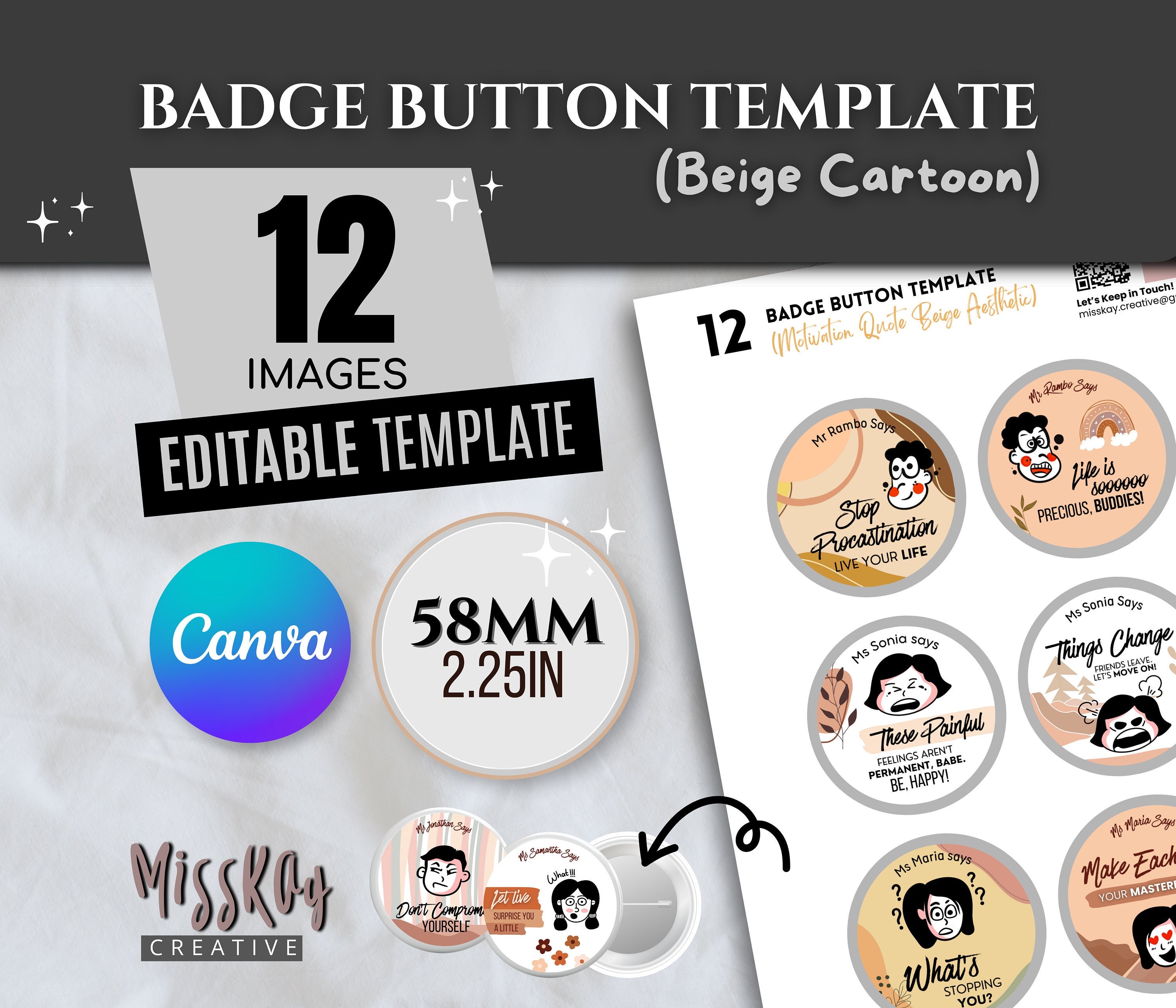 12 Editable Badge Button Pinback Motivational Quote Beige Aesthetic Design  Cute Cartoon Illustration Canva Template 58mm 2.25 Inch Buttons 