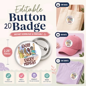 Más de 20 plantillas editables de botones de insignia en Canva / Cita motivacional colorida / Afirmación personal (58 mm, 2,25 pulgadas) (Descarga digital)