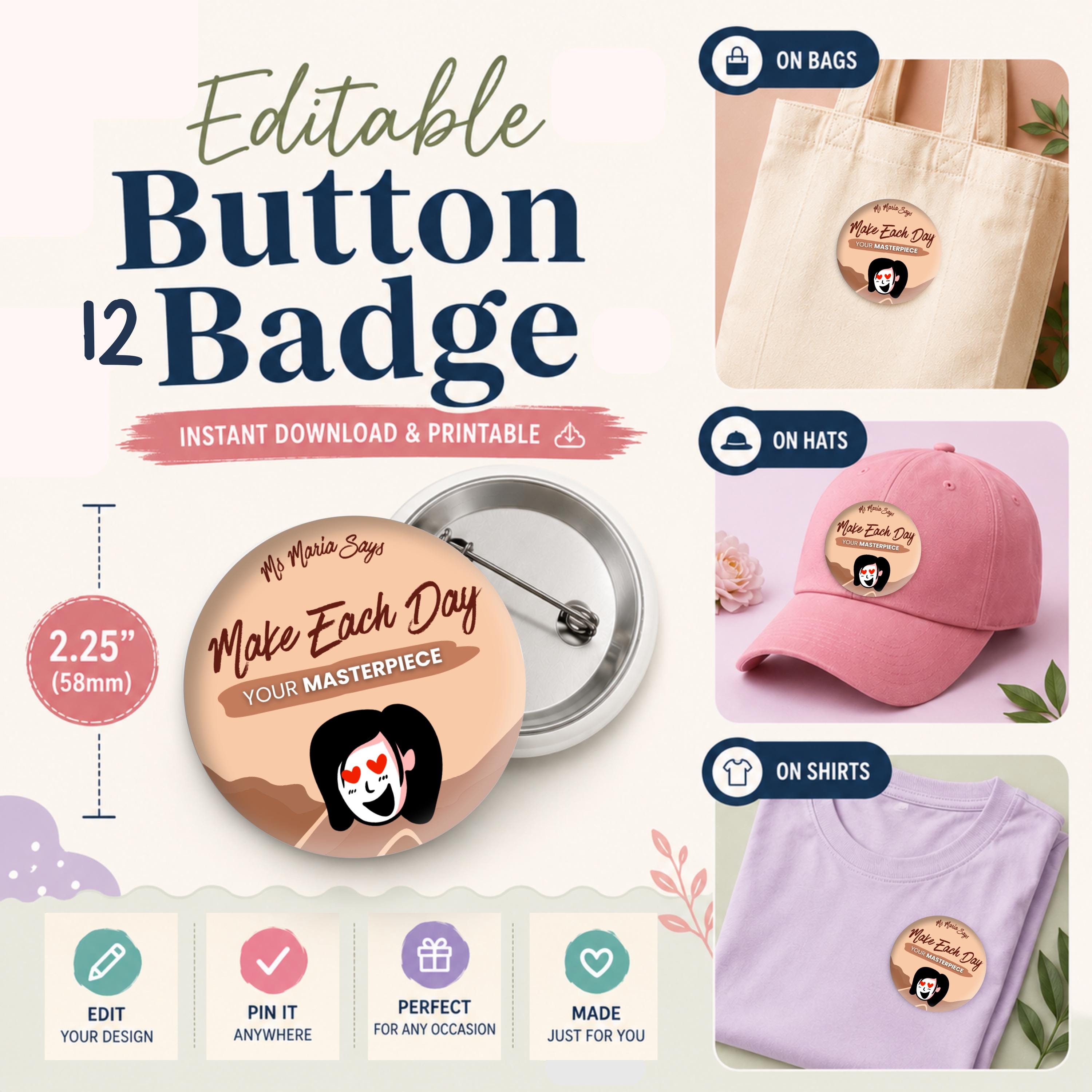 Appreciation Buttons Editable 12 Beige Affirmation Word Button : Pin Badge Button Doodle ...