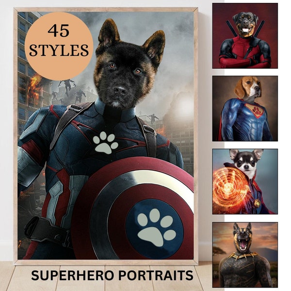 Retrato de mascota personalizado, arte de mascota de superhéroe, decoración de pared de mascota, amantes de las mascotas, mascota personalizada, impresión, lienzo, mascota divertida, superhéroe de traje de mascota, decoración