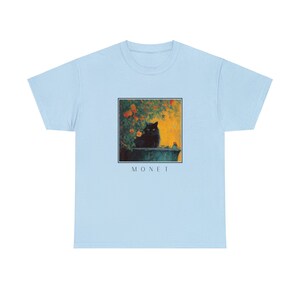 Dark Black Cat T-Shirt, Monet Inspired Garden Print, Artistic Floral Graphic Tee for Cat Lovers and Art Enthusiasts image 4