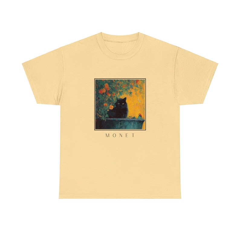 Dark Black Cat T-Shirt, Monet Inspired Garden Print, Artistic Floral Graphic Tee for Cat Lovers and Art Enthusiasts image 7