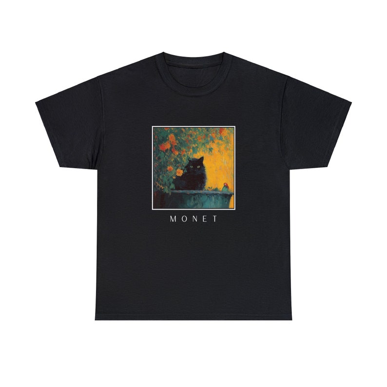 Dark Black Cat T-Shirt, Monet Inspired Garden Print, Artistic Floral Graphic Tee for Cat Lovers and Art Enthusiasts image 3