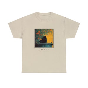 Dark Black Cat T-Shirt, Monet Inspired Garden Print, Artistic Floral Graphic Tee for Cat Lovers and Art Enthusiasts image 5