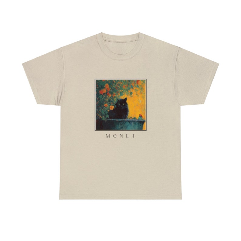 Dark Black Cat T-Shirt, Monet Inspired Garden Print, Artistic Floral Graphic Tee for Cat Lovers and Art Enthusiasts image 5