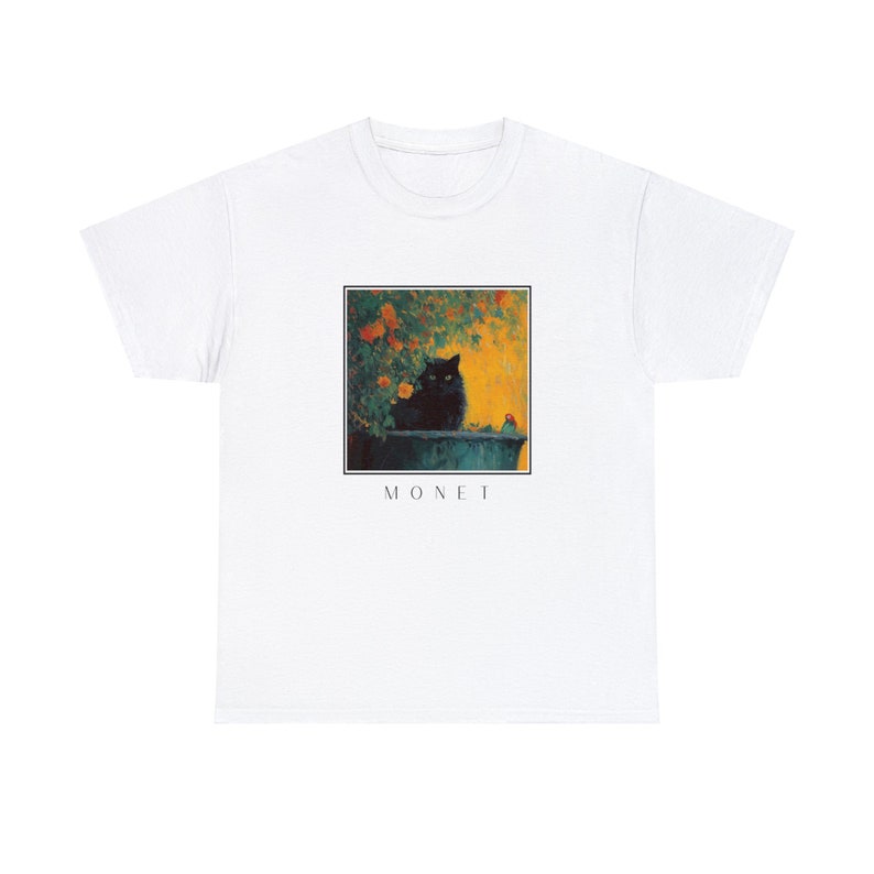 Dark Black Cat T-Shirt, Monet Inspired Garden Print, Artistic Floral Graphic Tee for Cat Lovers and Art Enthusiasts image 6