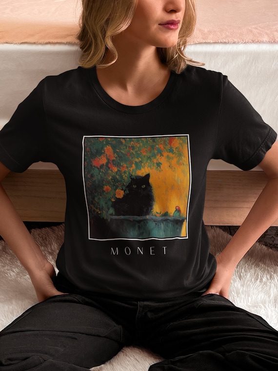 Monet Black Cat T-Shirt: Funny Cat in Garden Tee