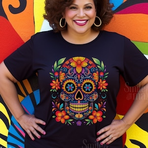 Marineblauw Calavera overhemd Dia de Los Muertos overhemd | Otoño Latino Erfgoedmaand Dia de Muertos Skelita Calaveras