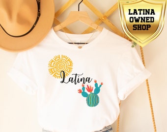 Latina Empowerment Shirt: Indigenous Sun & Cactus Design