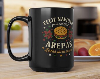 ノーチェ ブエナ、アレパス フェリス ナヴィダード マグアート |ブラック マグカップ、15オンス タソ デ レガーロ