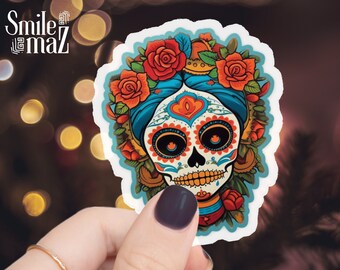 Sticker imperméable Frida Calavera bleu : sticker pour ordinateur portable