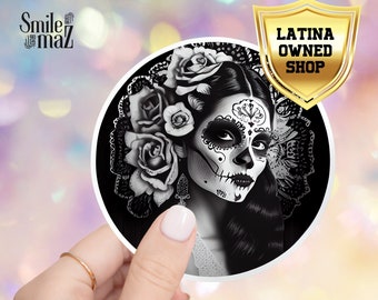 La Catrina Calavera Sticker: Black & White Waterproof Vinyl