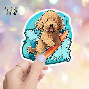 Doodle Dog Surfing Sticker: Waterproof Vinyl Decal