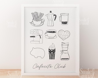 Cafecito Club Wall Art | Latinx Home Decor | Boho Coffee Print | Cafecito y Chisme Poster | Concha y Cafecito Kitchen Art | Gift for Him or