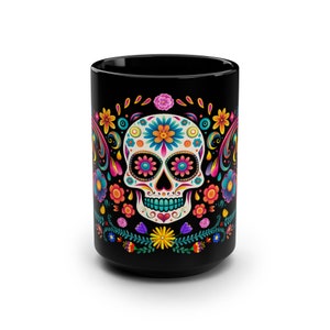 Bloemenschedel Calavera Día de los Muertos Mok | Zwarte mok, 15oz, Dia De Muerto, Dia de Muertos Decor