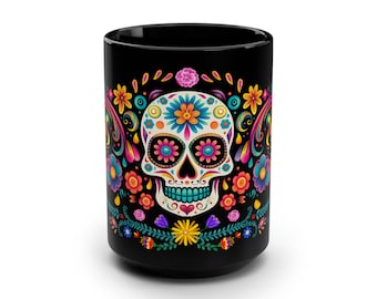 Floral Skull Calavera Día de los Muertos Mug | Black Mug, 15oz , Dia De Muerto , Dia de Muertos Decor