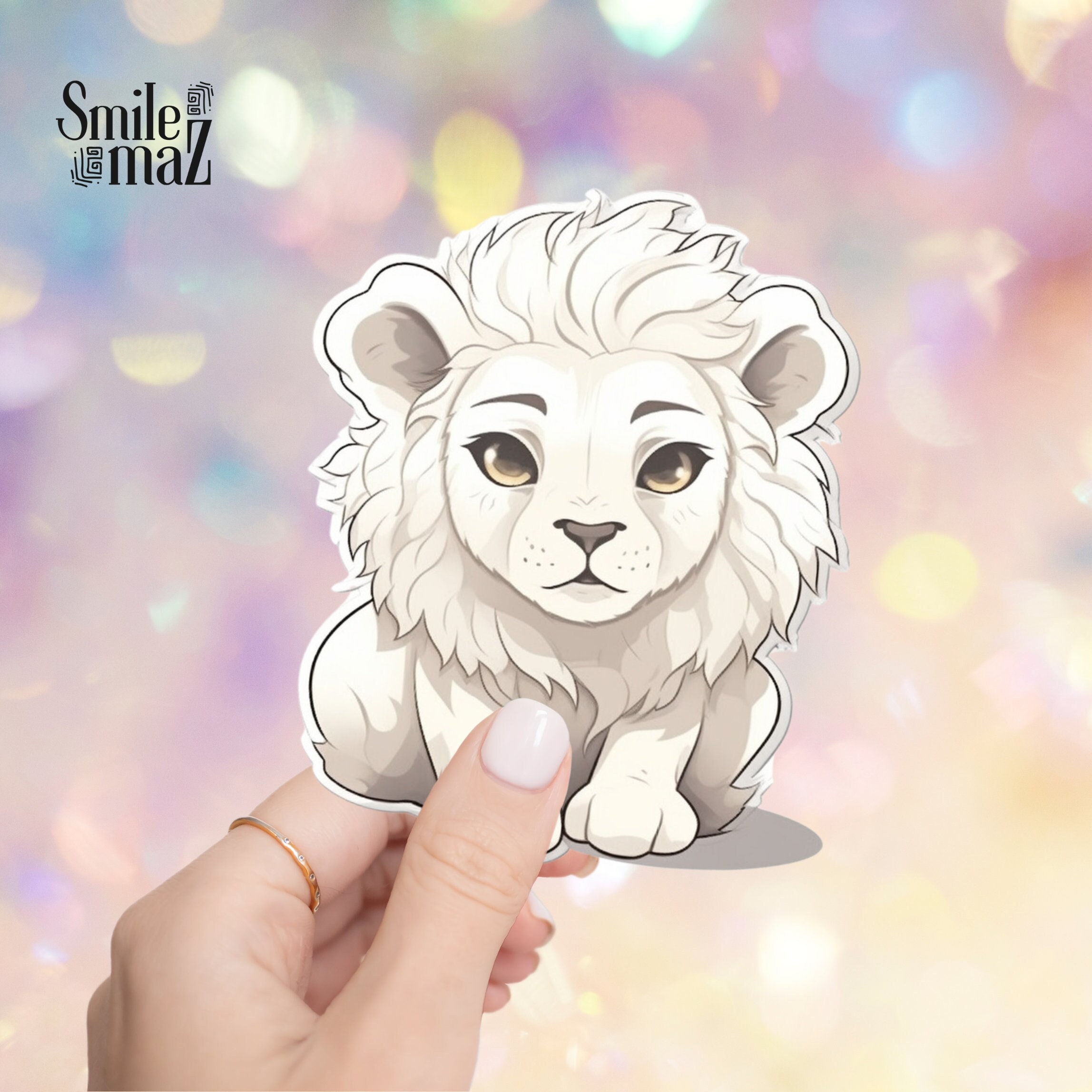 かわいいホワイトライオンステッカー：耐水性のある獅子座ビニール