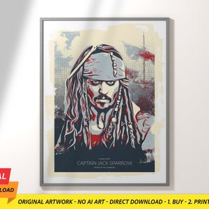 May include: A digital download of a vintage-style poster featuring a close-up of Captain Jack Sparrow from the Pirates of the Caribbean movie franchise. The poster is in red, white, and blue colors with a distressed background.