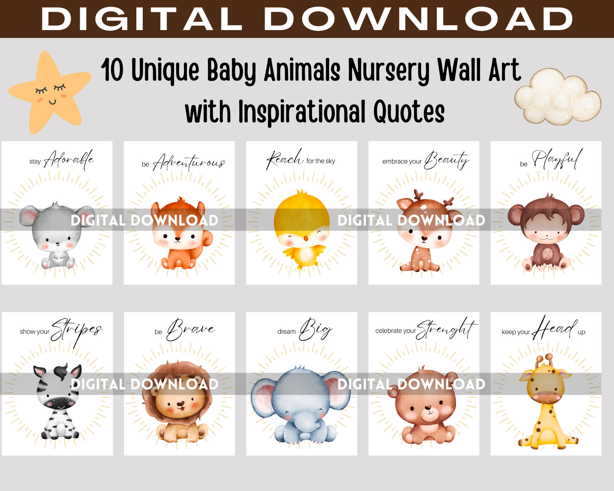 10 Baby Animals Nursery Wall Art Printables Nursery Room Wall Art Baby ...