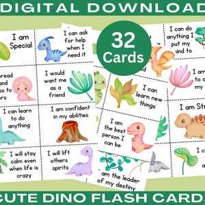 Cartões de afirmação positiva Dino para crianças Notas de lancheira Cartões de incentivo para impressão Palavras diárias de afirmação Download digital