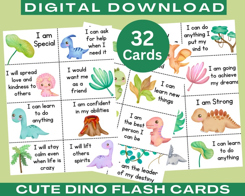 Dino Positive Affirmation Cards for Kids Affirmation Cards Printable Kids Mini Affirmation Cards Lunchbox Notes for Kids Flash Cards image 1