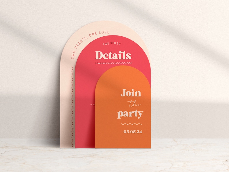 May include: A peach, red, and white invitation card with an arch design. The text reads "Two Hearts, One Love, The Finer Details, Join the Party, 05.05.24".