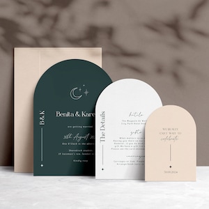 May include: Three arch-shaped cards with rounded tops in shades of green, white, and peach. The green card has the text "B&K" and "Benita & Kare" with a crescent moon and star design. The white card has the text "The Details" and "hetolo". The peach card has the text "WE REALLY CANT WAIT TO celebrate" and "30.08.2024".