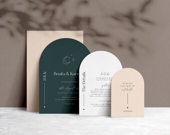 Celestial wedding invitation suite arch invite RSVP details card instant download self-editable template dark green moon stars digital UK/US