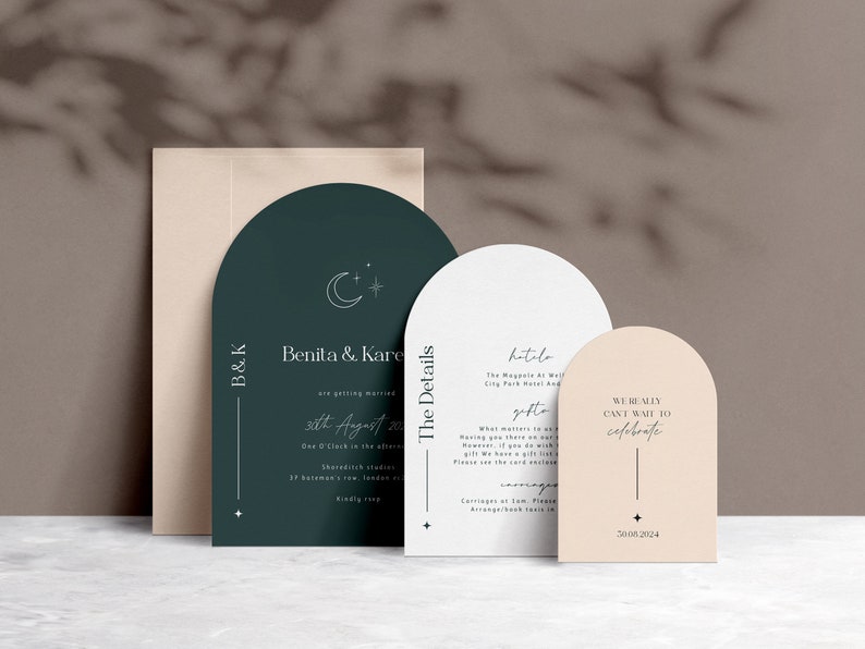 May include: Three arch-shaped cards with rounded tops in shades of green, white, and peach. The green card has the text "B&K" and "Benita & Kare" with a crescent moon and star design. The white card has the text "The Details" and "hetolo". The peach card has the text "WE REALLY CANT WAIT TO celebrate" and "30.08.2024".