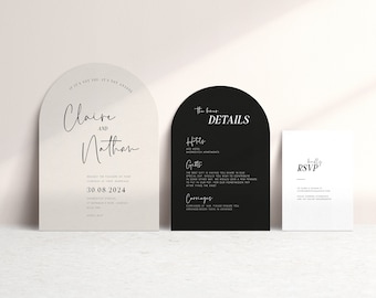 Modern wedding invitation template set arch invite RSVP details card black white grey stylish editable printable instant download UK/US