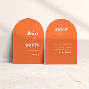 May include: Two orange arch-shaped cards with rounded corners. The left card says "Join the party" with the date "05.05.24" below. The right card says "RSVP" with instructions to RSVP to an email address by March 1st.