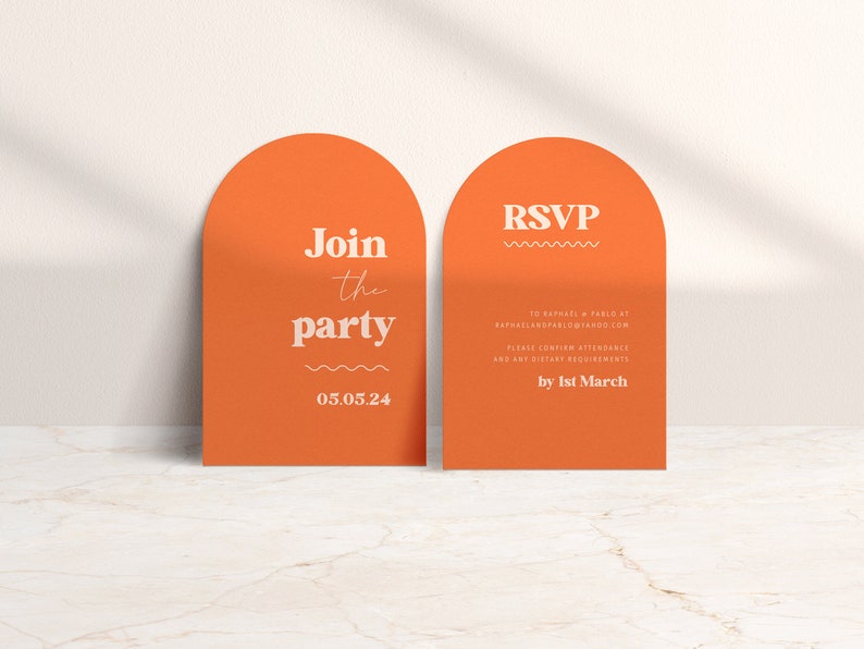 May include: Two orange arch-shaped cards with rounded corners. The left card says "Join the party" with the date "05.05.24" below. The right card says "RSVP" with instructions to RSVP to an email address by March 1st.