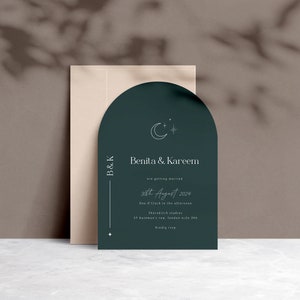 May include: A dark green wedding invitation with a crescent moon and star design. The invitation reads "B&K Benita & Kareem are getting married 5th August 2024 One O'Clock in the afternoon Shoreditch Studios"