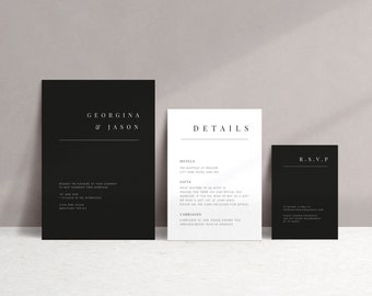 Monochrome wedding invitation template set invite RSVP details card black white stylish editable printable instant download UK/US