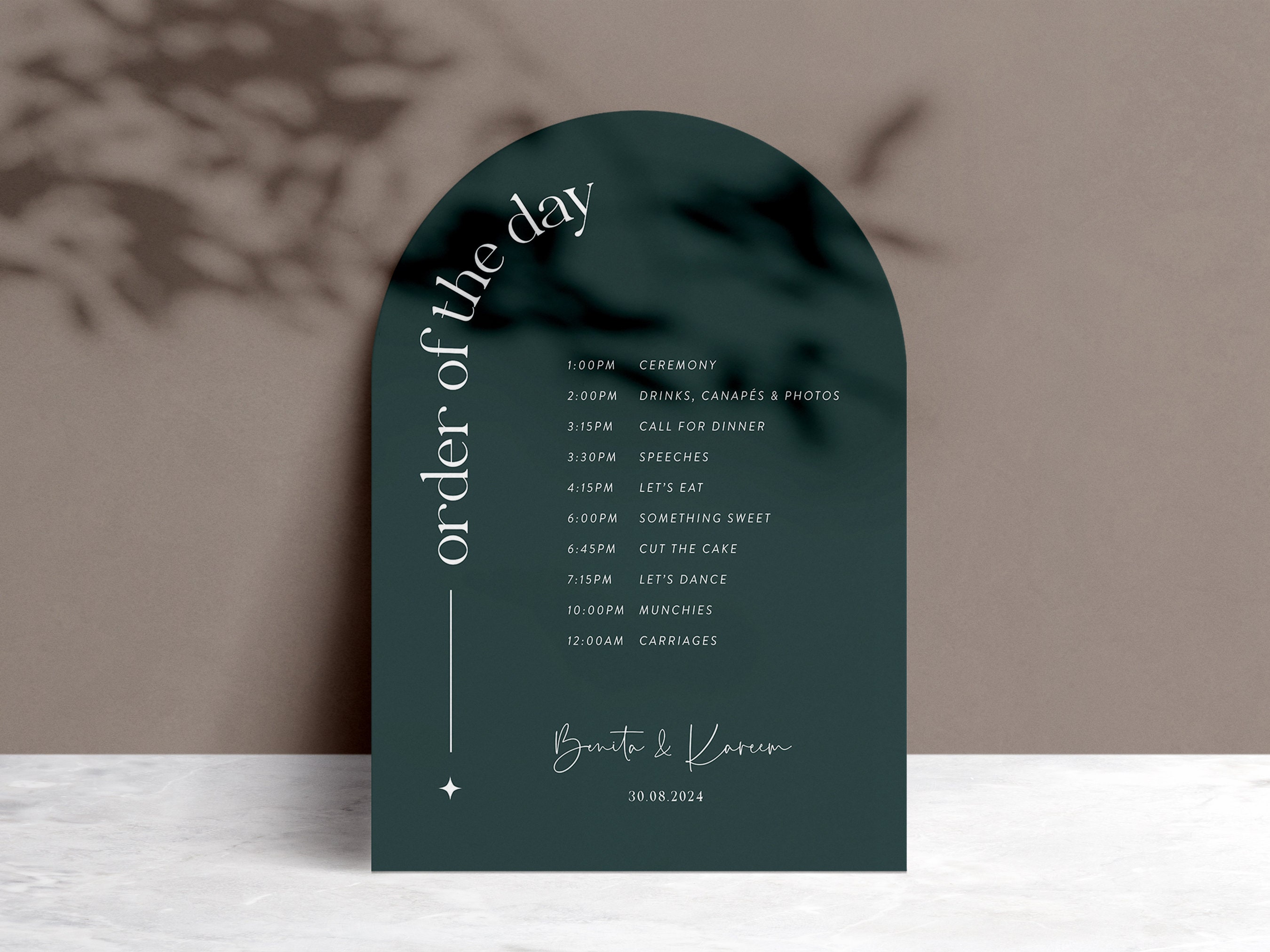 Dark Green Arch Order of the Day Sign Downloadable Digital Template ...