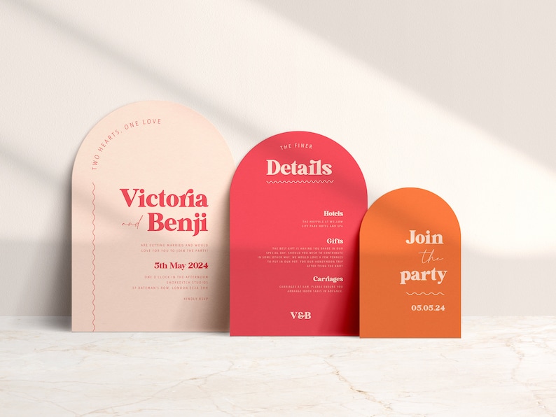 May include: Three arch-shaped wedding invitations with pink, red, and orange backgrounds. The text on the invitations reads "Two Hearts, One Love", "Victoria and Benji", "The Finer Details", "Hotels", "Gifts", "Carriages", "V&B", "Join the Party", and "05.05.24".